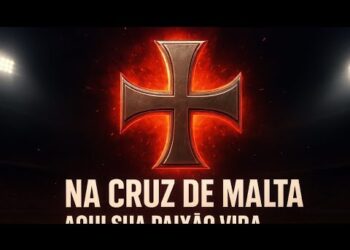 Cruz de Malta com fundo avermelhado.