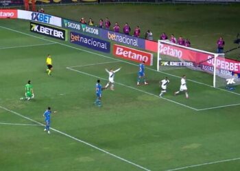 Goleiro defendendo no campo de futebol.