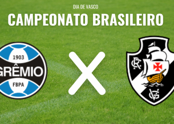 Alt: Logotipos de Grêmio e Vasco em jogo de futebol.