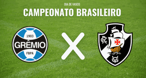 Alt: Logotipos de Grêmio e Vasco em jogo de futebol.