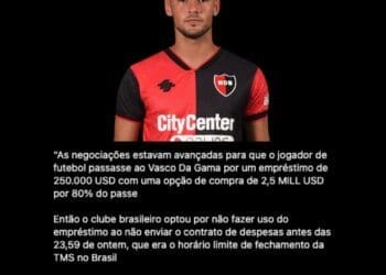 Documento de transferência de Ian Glavinovich não foi recebido pelo Newell’s Old Boys, afirma clube argentino Vasco.