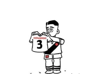 Veja ilustração de Puma Rodríguez segurando a camisa de Izquierdo