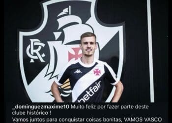 Maxime Dominguez compartilha imagem vestindo a camisa do Vasco em seu Instagram; confira