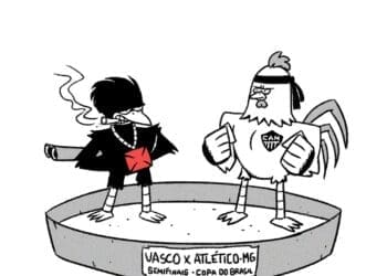 Confira a charge de ‘rinha’ entre Vasco e Atlético-MG: corvo enfrentando galo.