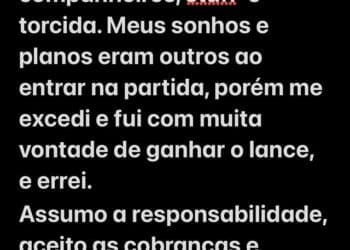 Souza se desculpa pela expulsão: ‘Meus planos e sonhos eram diferentes ao iniciar o jogo’