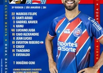 Confira a escalação do Bahia para o confronto contra o Vasco; o ex-jogador do Vasco, Gilberto, figura entre as opções do banco.