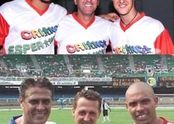 Dinamite participou de um jogo beneficente em 2001 ao lado de Ronaldo, Zico e Michael Schumacher; confira a foto.