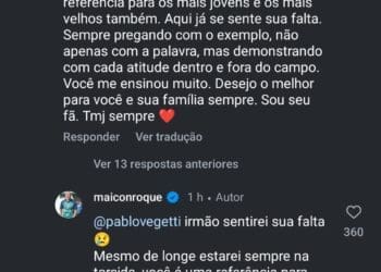 Léo Jardim e Vegetti mandaram mensagens de despedida ao zagueiro Maicon; veja abaixo.
