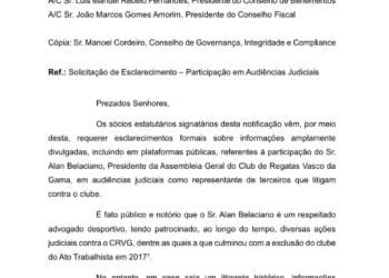 Sócios solicitam esclarecimentos a Alan Belaciano acerca de sua atuação como advogado dos credores do Vasco