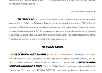 777 afirma que o Vasco está negociando ações da SAF sem o consentimento da empresa.