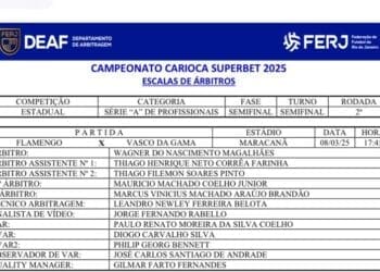 Wagner do Nascimento Magalhães será o árbitro da partida entre Flamengo e Vasco, enquanto Paulo Renato Coelho atuará como VAR.