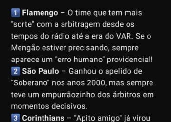 ChatGPT afirma que Flamengo apresenta ‘vantagem’ na arbitragem.