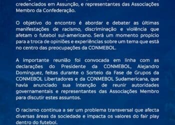 Conmebol realizará encontro para debater o racismo na próxima quinta-feira.