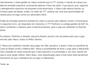 Gestão Pedrinho expressou críticas à venda do mando do jogo entre Vasco e Palmeiras para o Estádio Mané Garrincha em 2024.