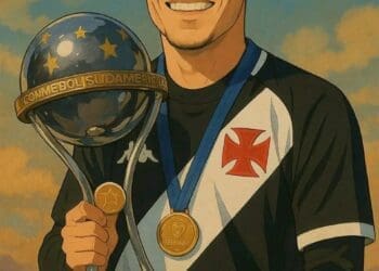 Veja a versão em anime de Philippe Coutinho segurando a taça da Sul-Americana.