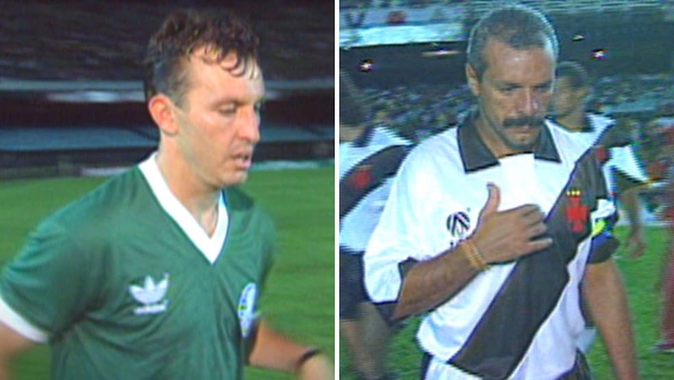 20250401-102853-1-16-neto-com-a-camisa-do-palmeiras-e-junior-com-a-do-vasco-em-amistoso-em-1992-no-maracana-foto-reproducao Neto, com a camisa do Palmeiras, e Júnior, com a do Vasco, em amistoso em 1992 no Maracanã — Foto: Reprodução