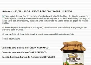 Jornalista revela ter sido ludibriado por José Luis Moreira em relação à especulação sobre Luís Figo no Vasco em 2004; assista ao vídeo.