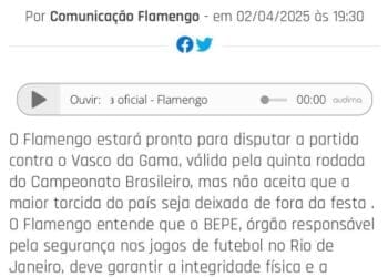 Em comunicado, Flamengo expressa o desejo de contar com sua torcida no estádio durante a partida contra o Vasco, válida pela 5ª rodada do Campeonato Brasileiro; o clássico pode acontecer em São Januário.