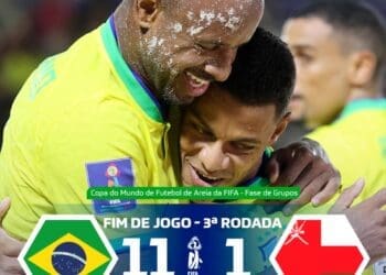 Futebol de Praia: Com gols de Mauricinho e Benjamin Jr., Brasil vence Omã por 11 a 1 e enfrenta a Espanha nas quartas de final da Copa do Mundo