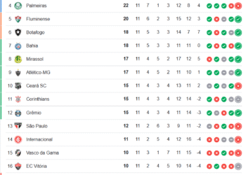 Confira a tabela do Campeonato Brasileiro depois de 11 rodadas concluídas.