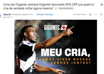 Vasco envia e-mail aos sócios fazendo referência ao hino do concorrente: ‘Uma vez Gigante, sempre Gigante’