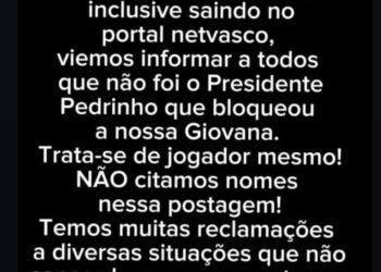 A jovem torcedora Giovana Antunes esclarece que o bloqueio no Instagram não foi de Pedrinho, mas sim de outro jogador.