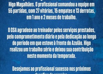 CSA comunica a saída do treinador Higo Magalhães a apenas 3 dias da partida contra o Vasco pela Copa do Brasil.