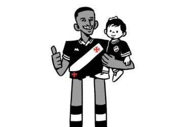 Vasco jogador sorrindo com torcedor na torcida, usando uniforme.