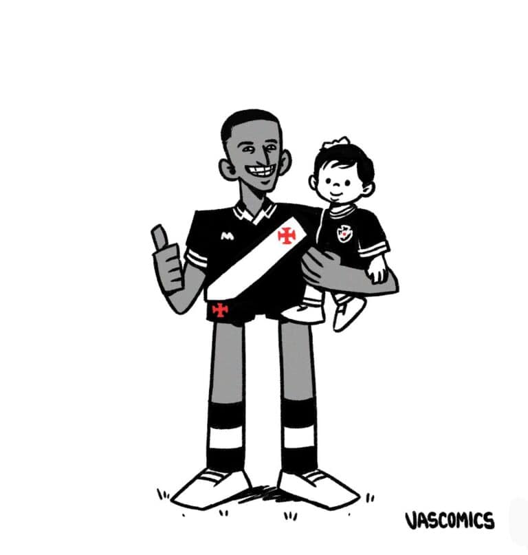 Vasco jogador sorrindo com torcedor na torcida, usando uniforme.