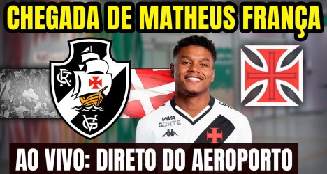 Novo jogador Matheus França com uniforme do Vasco e sorriso, com fundo de torcida e estádio.