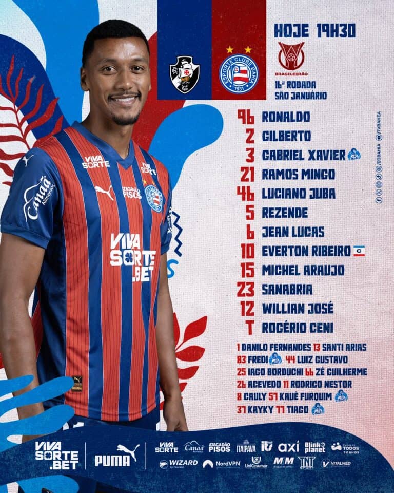 Vasco jogador com uniforme azul e vermelho, sorrindo.