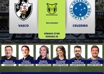Vasco e Cruzeiro em destaque na imagem, promovendo a partida do Brasileirão 2025.