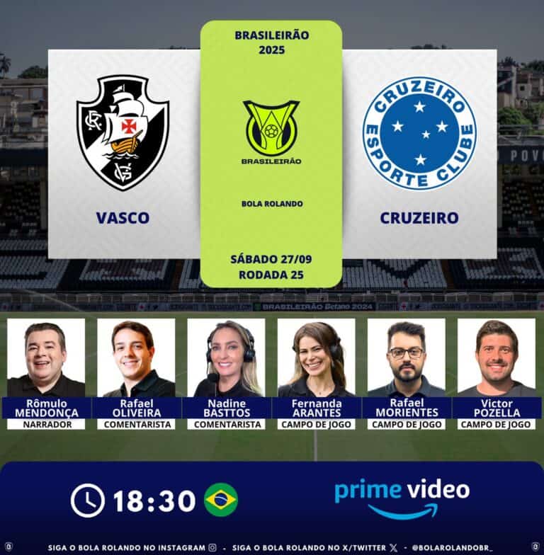 Vasco e Cruzeiro em destaque na imagem, promovendo a partida do Brasileirão 2025.