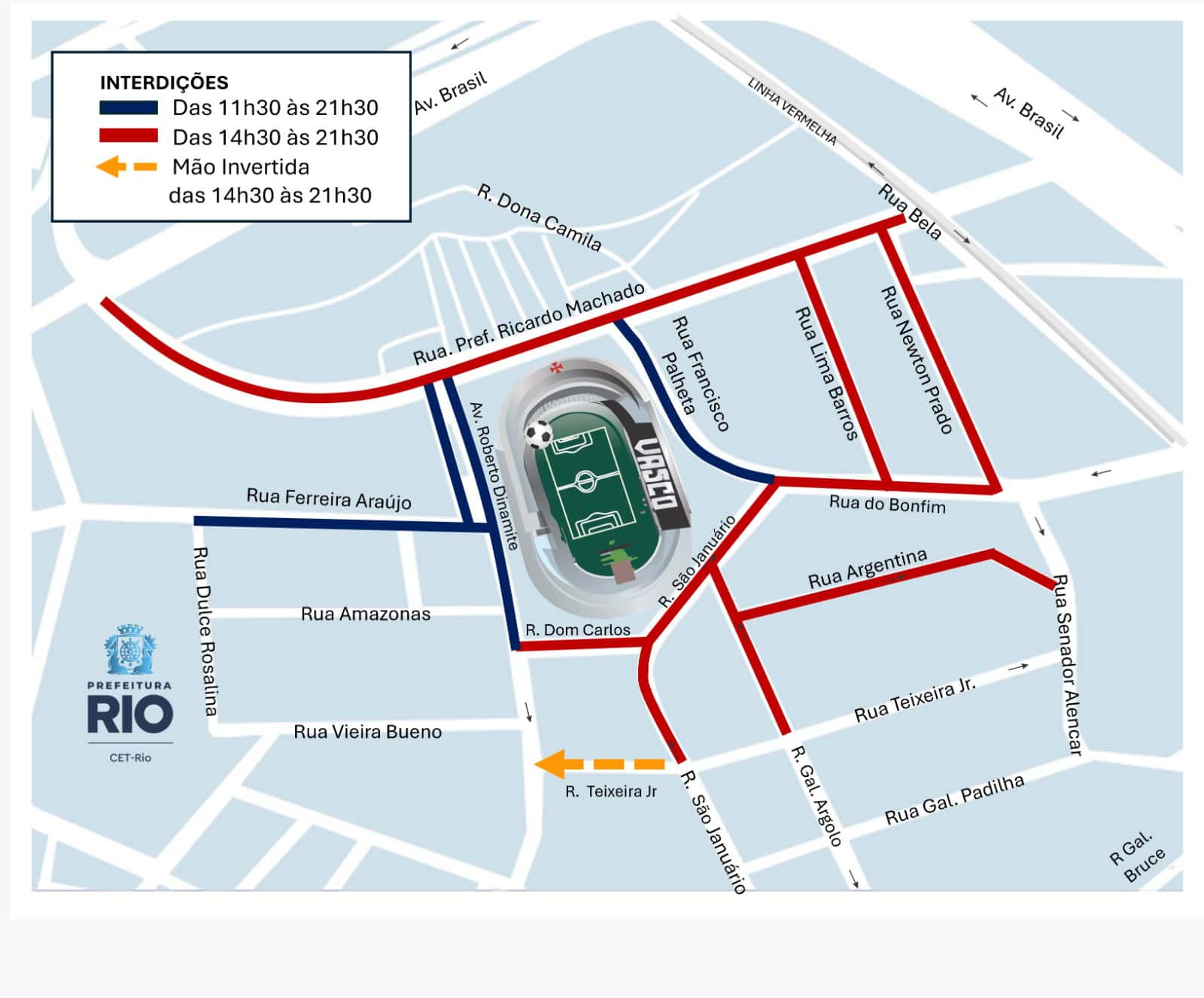 Rua do Bonfim com rotas de bloqueio de trânsito.