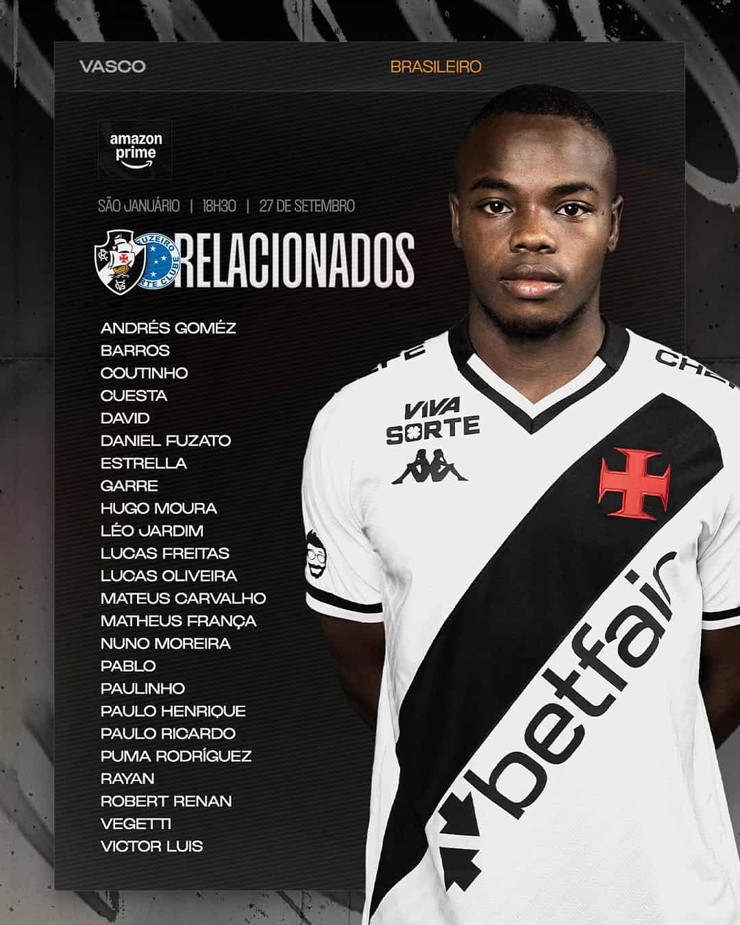 Jovem jogador com uniforme do Vasco, lista de nomes ao lado.