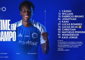 Jogador do Cruzeiro exibindo uniforme azul com logo.