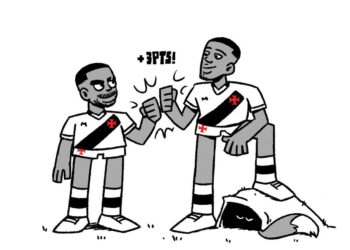 Camisetas do Vasco com símbolos e faixas pretas, torcedores se cumprimentando.