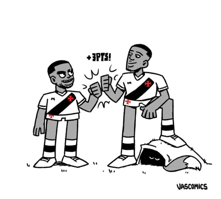 Camisetas do Vasco com símbolos e faixas pretas, torcedores se cumprimentando.