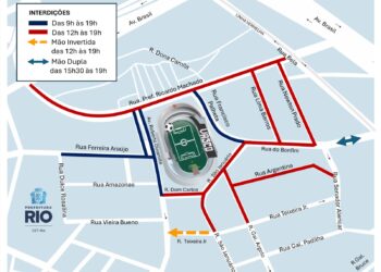 Estádio do Vasco com mapa de acessos e interdições.