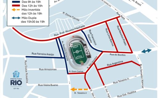 Estádio do Vasco com mapa de acessos e interdições.