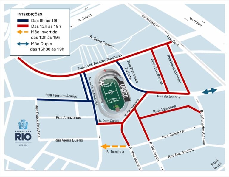 Estádio do Vasco com mapa de acessos e interdições.
