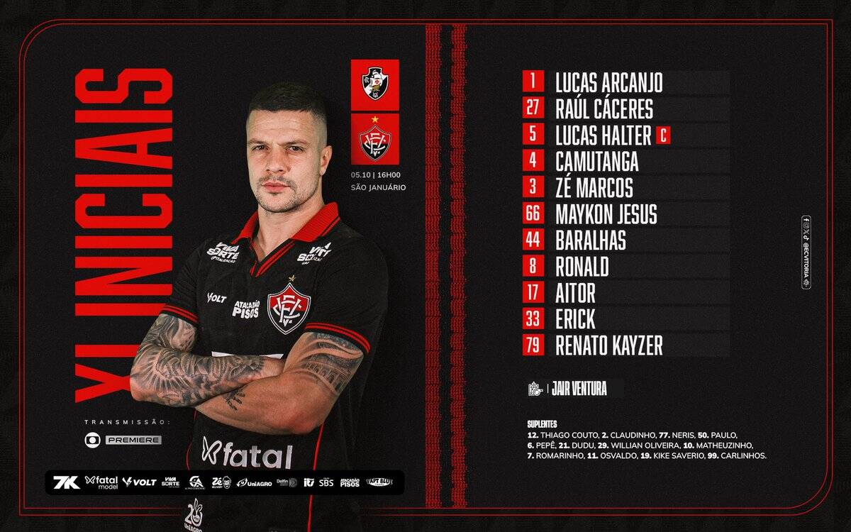 Jogador com uniforme do Vasco cruzado com título do jogo.