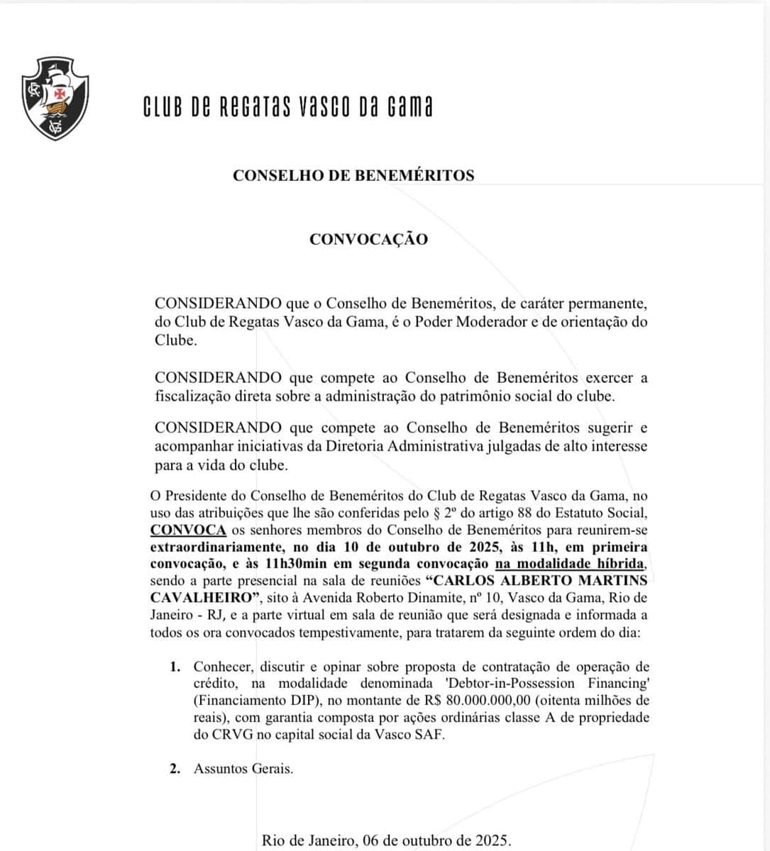 Convocação do Conselho de Beneméritos do Vasco.