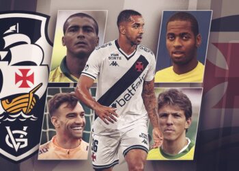 Vasco da Gama em destaque com jogadores históricos e escudo oficial.