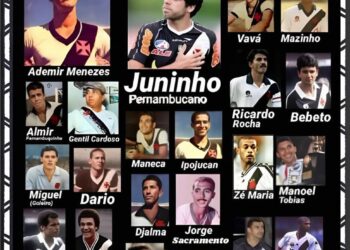 A imagem mostra um colagem de fotos de jovens atletas do Vasco, celebrando o Dia do Nordestino, com destaque para Juninho Pernambucano no centro. As fotos estão acompanhadas de nomes e alguns nomes de jogadores históricos, destacando o orgulho nordestino e a paixão pelo clube. O fundo é preto com detalhes gráficos, deixando as fotos em evidência. É uma homenagem visual às raízes nordestinas dos jogadores que apoiam o Vasco.