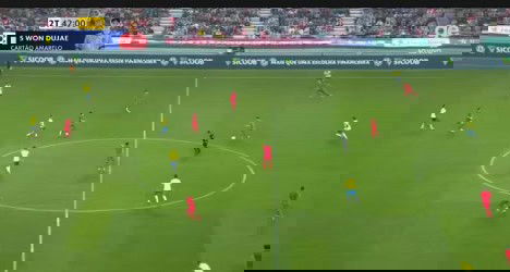 Jogadores em campo durante partida de futebol, time vermelho e amarelo em ação.