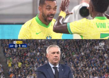 Futebol brasileiro: jogadores comemorando gol na partida Brasil x Japão.