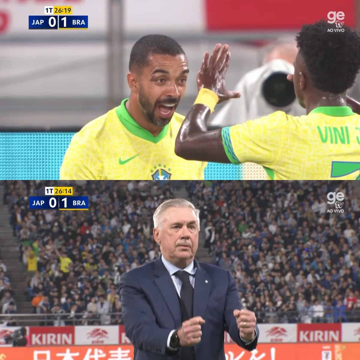 Futebol brasileiro: jogadores comemorando gol na partida Brasil x Japão.