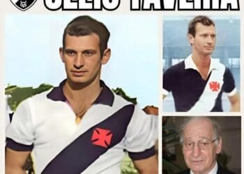 Gélio Taveira com uniforme do Vasco; logotipo oficial.