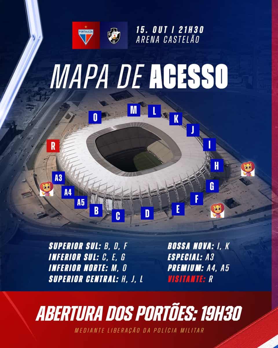 Entradas, mapa de acesso do estádio Castelão com setores.